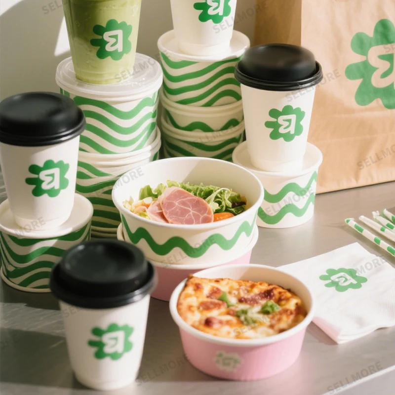 Egyedi nyomtatású márkás élelmiszer-tároló, fehér kraftpapír salátástál