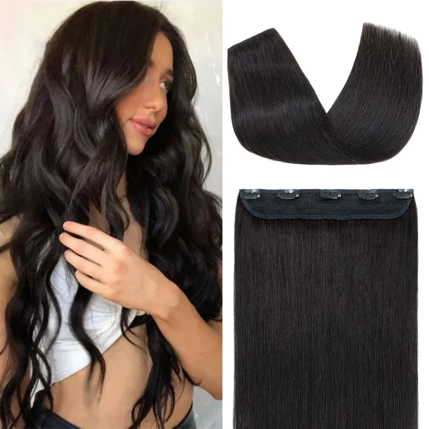 Clip in Human Hair Extensions One Piece 5 Clips 100% Real Human Hair Straight Soft Natural 120g_voghion.com