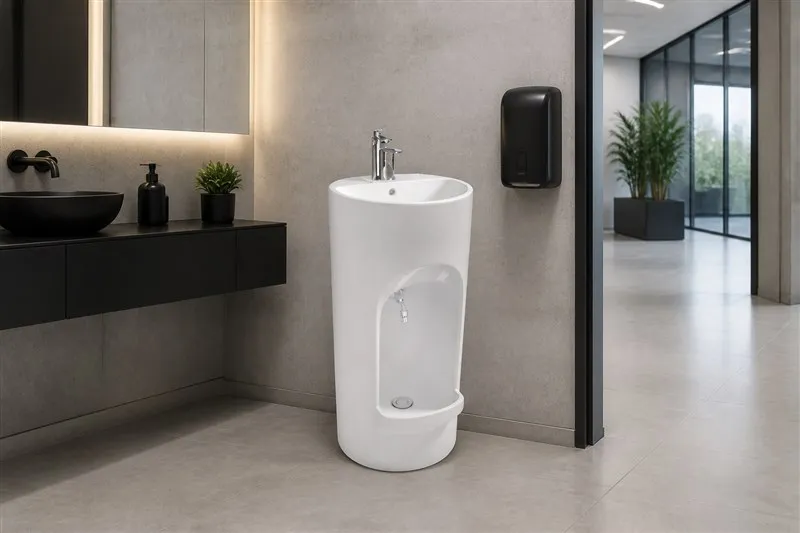 info-1-1 Cylindrical white ceramic wudu basin in a minimalist corporate campus washroom
