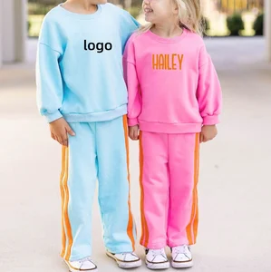 Custom Logo Autumn Winter Fleece Sweatshirt Two Piece Set Girl Tracksuits Jogger Kid Solid Color Warm Round Neck Sport Clothes