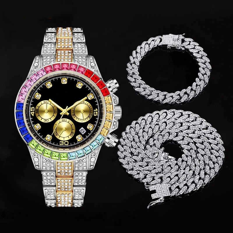 Hot Selling Hip Hop Watch Gift Set Bling Ice Out Watch Necklace Bracelet  Set Cuban Gold Diamond Watch Jewelry Sets Wristwatches