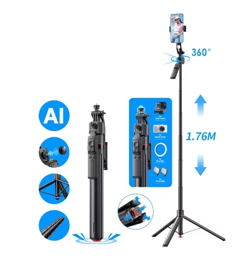 OUTSTANDING TT07 Auto Facial Tracking Telescopic Foldable Aluminum Alloy Selfie Stick 360 Rotation 69.3" Tripod Remote Gesture