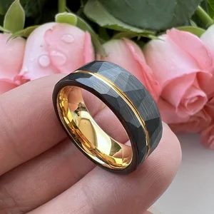 Coolstyle Jewelry 8mm Hammered Offset Line Black Gold Tungsten Ring for Men Women Fashion Engagement Wedding Band Comfort Fit