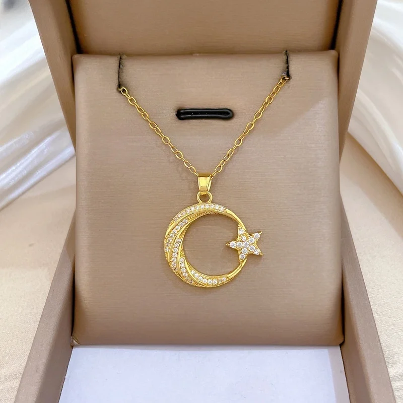 18K Gold Star Moon Pendant Necklace with Zirconia