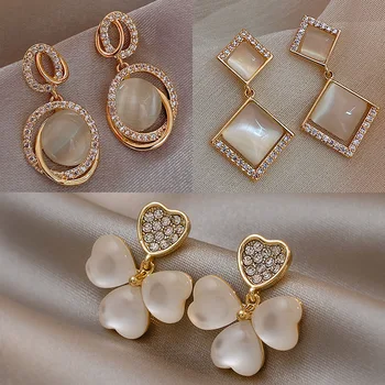 S925 Silver Needle Geometric Opal Diamond Stud Korean Earrings With Clover Flowers Crystal Earrings Sunflower Earrings