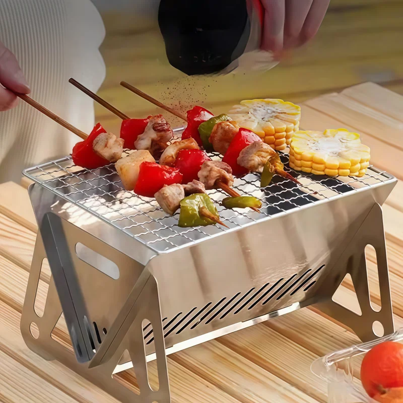 Portable Charcoal Barbecue Stove Card Type Stainless Steel Folding Mini BBQ Grill for Outdoor Party Picnic Fire Pit