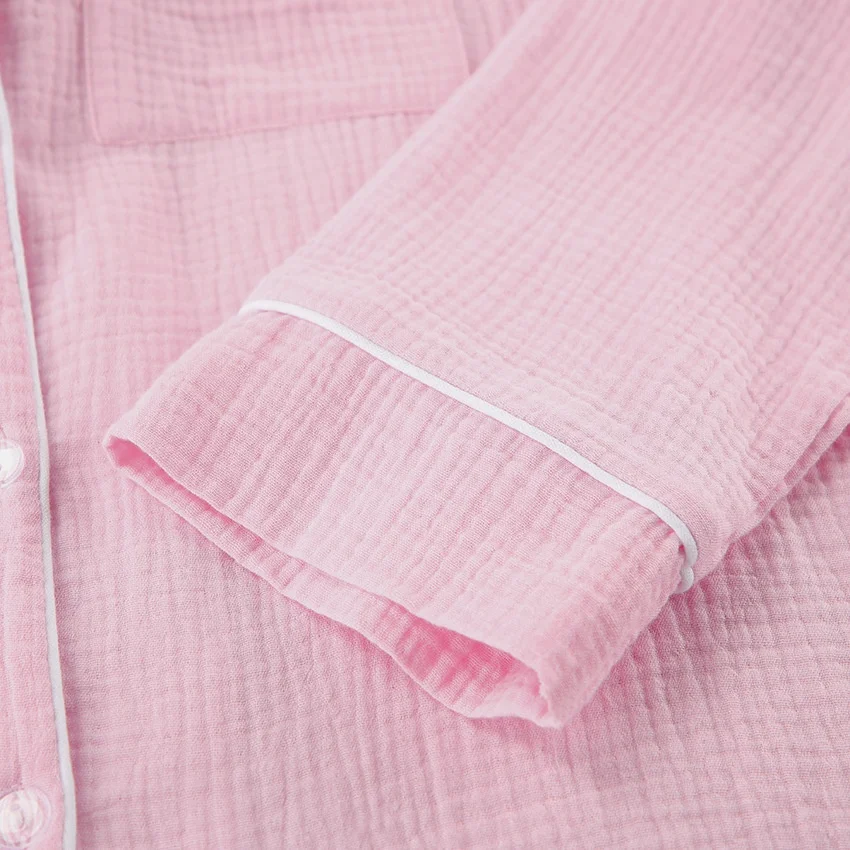Women Washed Crinkle Cotton Gauze Pajama Set Notch Lapel Long Sleeve Shirt Lounge Shorts Custom Embroidery Summer Sleepwear — detail