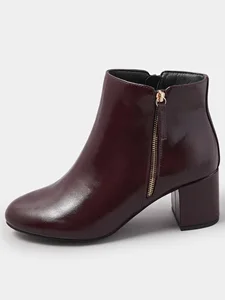 Women Burgundy Patent Leather Ankle Boots Gold Zip Block Heel Luxury Autumn Winter Fashion Comfort Walking Shoes Wholesale