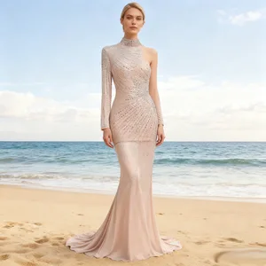 Bettergirl Fashion High-neck One-shoulder Hand-beaded Long Dress Mesh Sexy Party Elegant Evening Dress