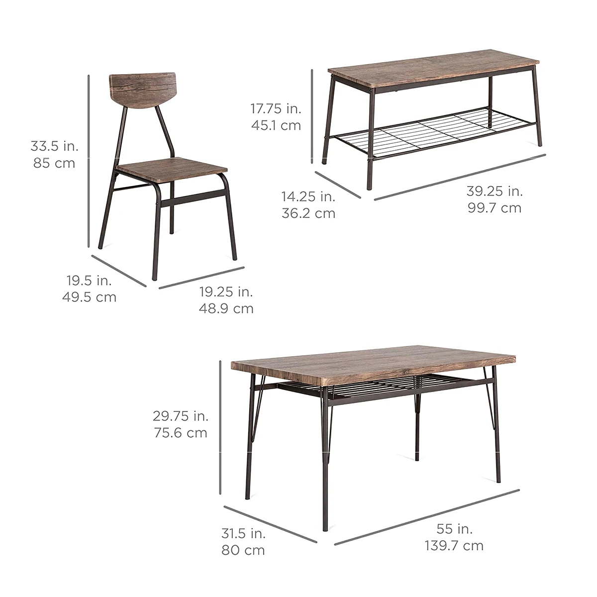 New Product Factory Price Modern Wooden Dining Tables and Chairs Sets with Metal Shelf and Legs for Home Dining Room