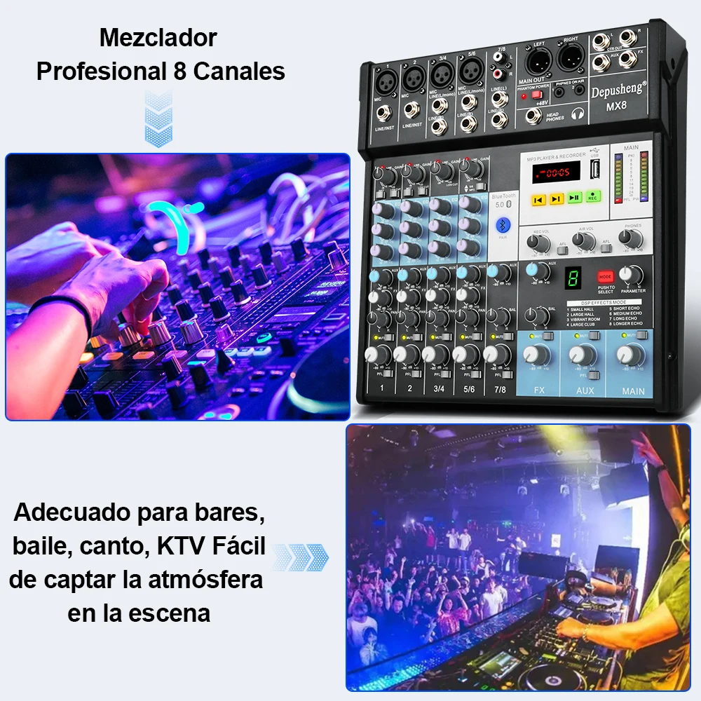 Depusheng MX8 8 Channel Audio Mixer for Live Sound and Recording