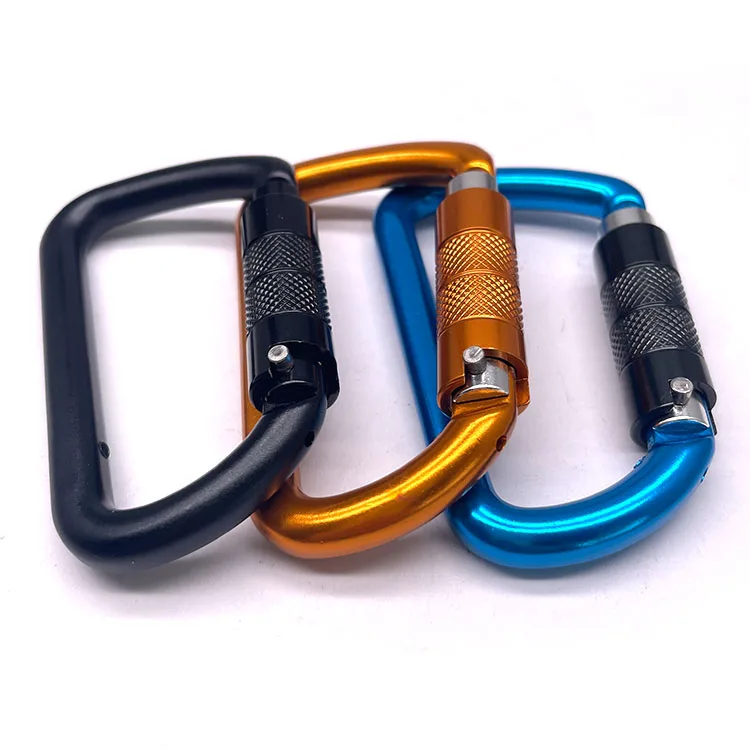 Promotional Keychains Carabiners 5KN Safety D Shape Aluminum Clip Heavy Duty Screw Locking Strap Hook Carabiner Double Locking