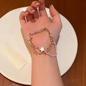 Bohemian Layered Beaded Bracelet Set with Star Charm Colorful Crystal Beads Gold Tone Chain Trendy Jewelry for Women