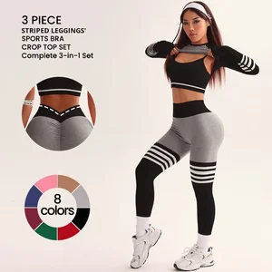 3PCS Women Sports Sets Bra Line V Back Leggings Gym Outdoor Running Training Yoga Suits Long Sleeve Shorts Tights Elastic Suits