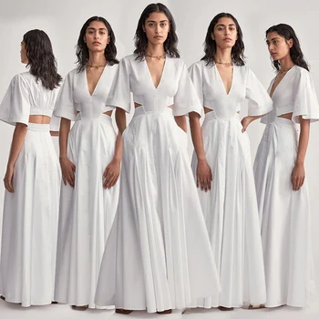 Elegant Maxi V Neck Women Clothing Cut Out Dress White Dress Casual Dresses
