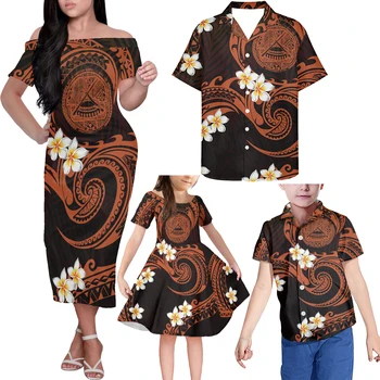 Tribal Printed Samoan Mom And Me Dress Sets For Party Brown Dress For Mother And Daughter Polynesian Matching Outfits For Family