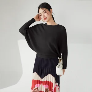 Miyake Women's Vintage Western Style Casual Shirt Loose Fit Free Size Solid Color Stretch Printed Pleated Top Spring Summer