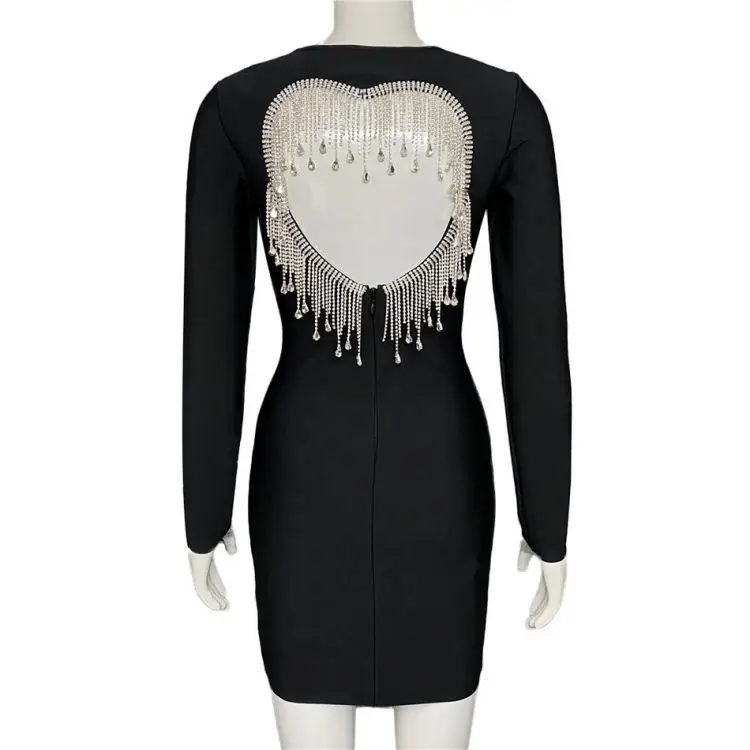 Luxury Crystal Rhinestone Tassel Prom Dresses Heart Shaped Hollow Out  Backless Evening Dress