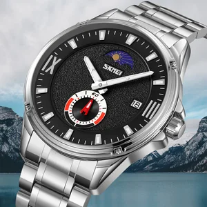 Moon Phase Men's Quartz Watch SKMEI 9326 Stainless Steel Strap Antique Luxury Glass Dial 48mm Sample OEM Logo