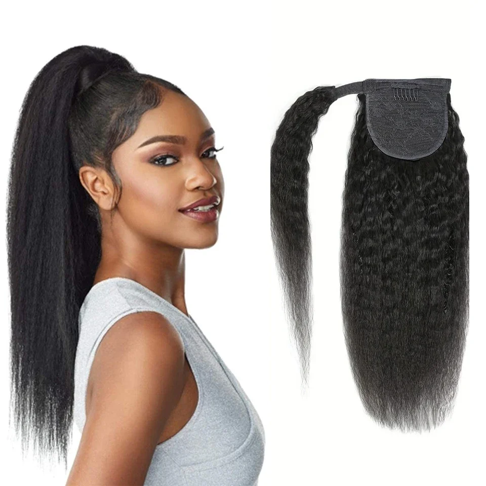 Kinky Straight Human Hair Ponytail Extension for Women 10-30 inches_voghion.com
