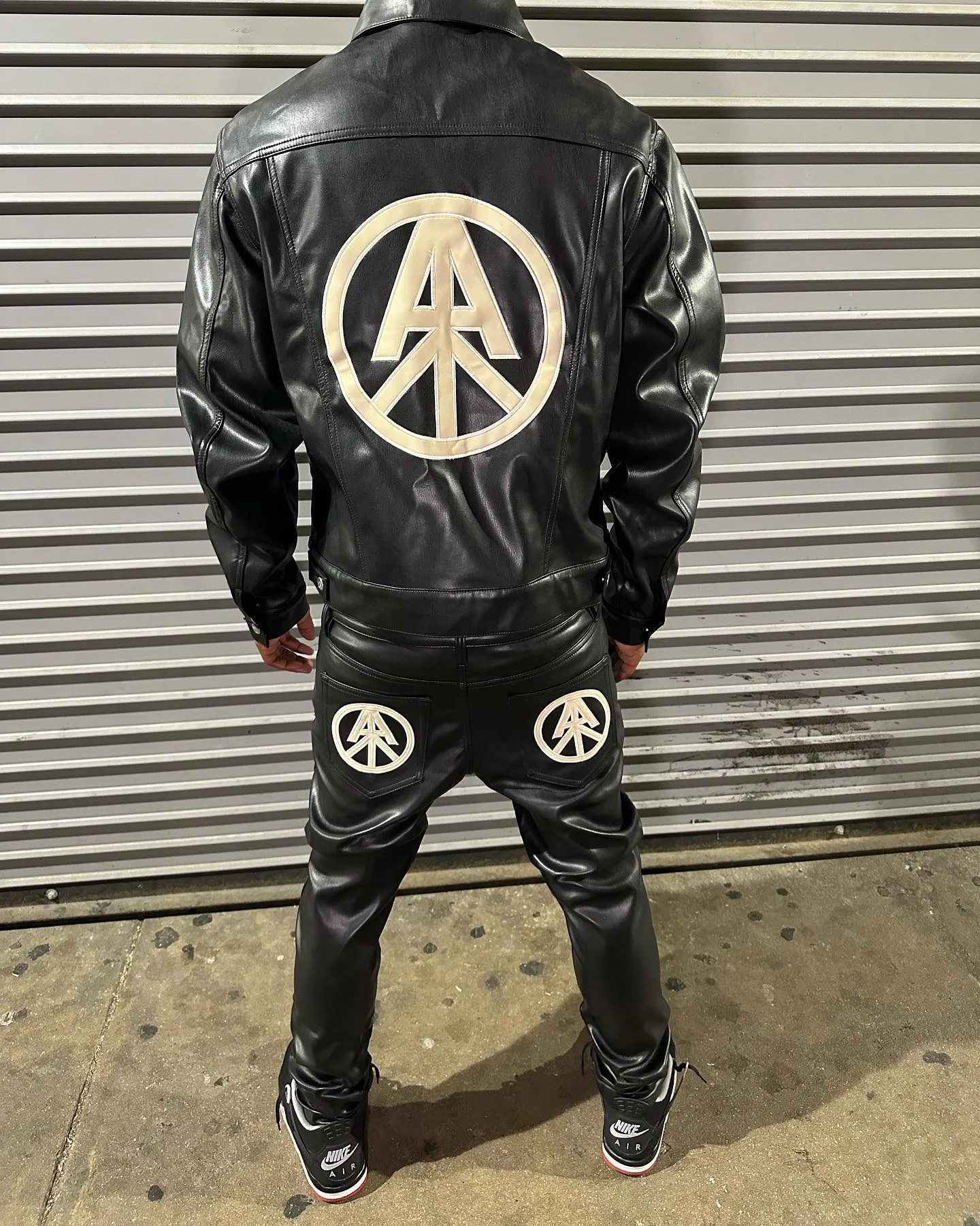 Custom Men Embroidered Button Black Motorcycle Leather Suits Plus Size Jacket Shirt and Pu Stacked Flare Pants Set Tracksuit Men gallery 3