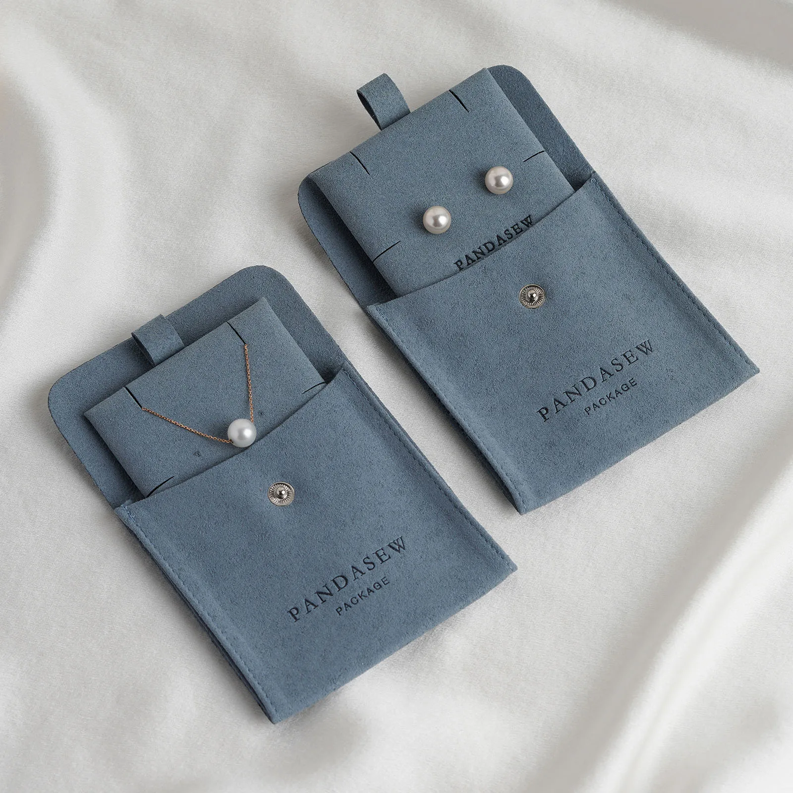 PandaSew Custom Logo Microfiber Snap Button Jewelry Bag for Earrings Rings Necklace with Insert Pad Jewelry Pouch