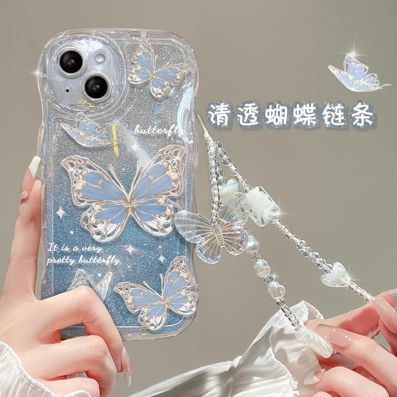 Luxurise Wellenkanten-Transparente Schmetterlings-Handketten-Design  Diamant-Papier TPU Handyhlle fr Oppo Reno 5 6 7 8 9 10