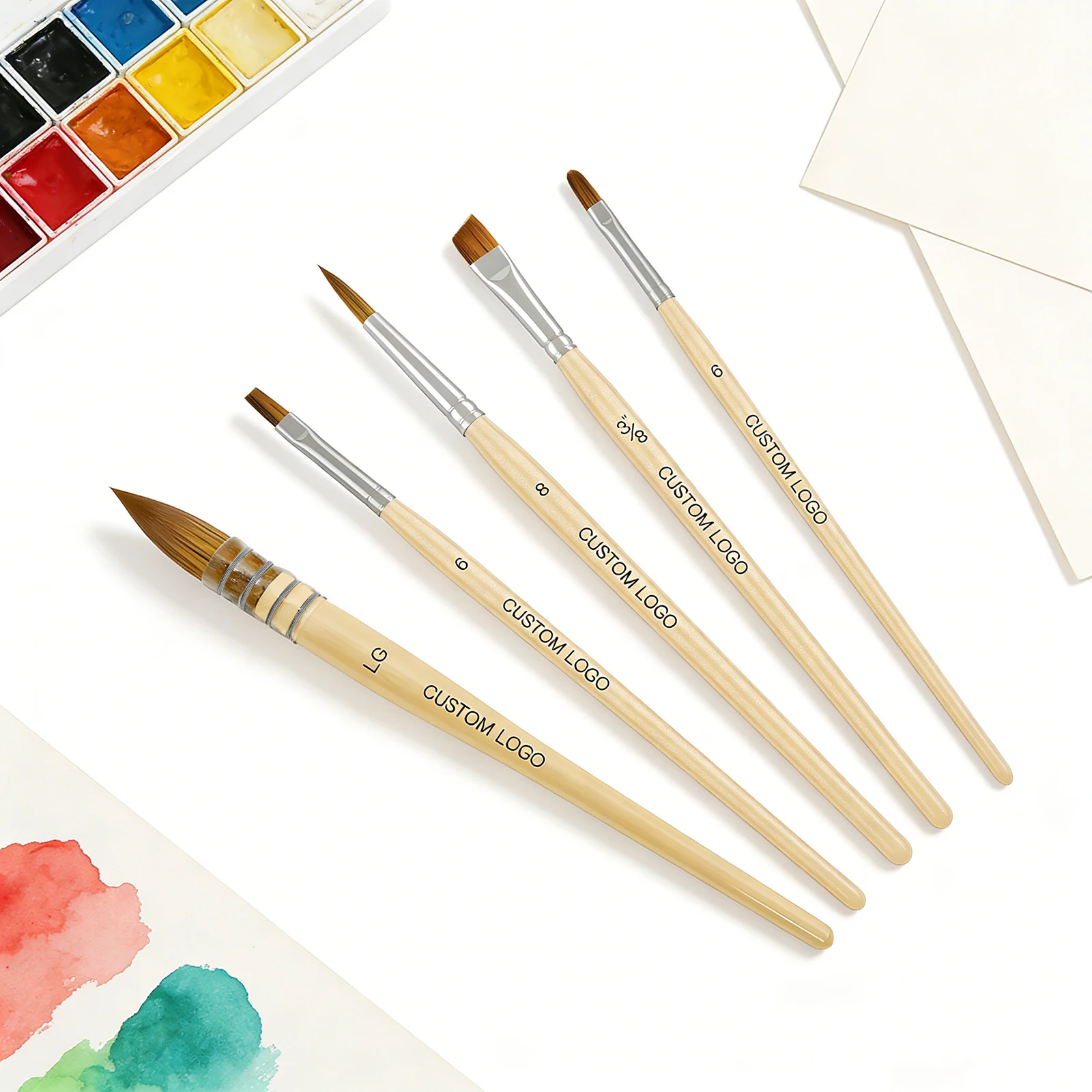 Fontainebleau 5PCS Synthetic Acrylic Paint Brush Set with Custom Logo Wooden Handle Round Flat Filbert Angle Brush Set