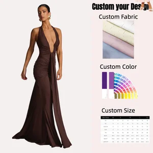 Women's Eco-Friendly Washable V-Neck Pleated Patchwork Solid Lace-up Halter Sleeveless Party Midnight Clubwear Floor-Length