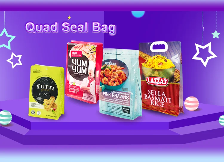 Custom print cookie packaging quad seal pouch flat bottom bag eco friendly packaging bag