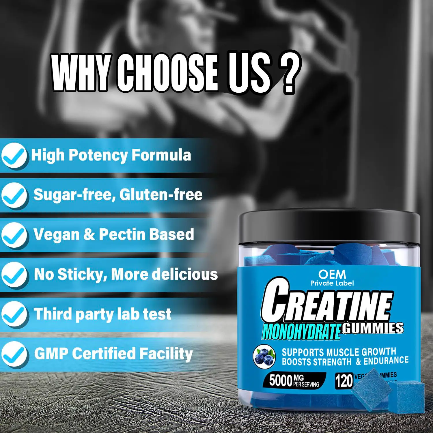 OEM Private Label Pre Workout Supplement Muscle Growth Pills 5000mg Creatine Gummies Max Stregth Creatine Monohydrate Gummy