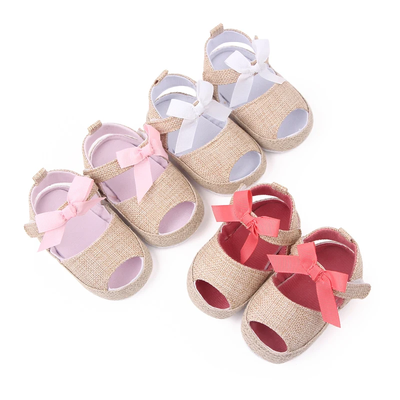 Summer New Baby Twine Wrapped Edge Solid Color Bow Soft Soled Fish Mouth Sandals for Baby Girls Toddler Shoes
