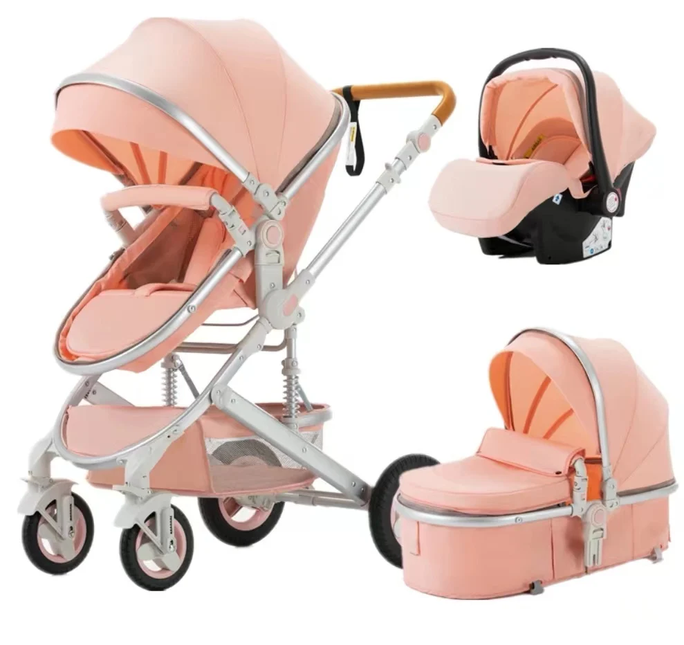 Luxury 3 in 1 Baby Pushchair Stroller with Linen Car Seat High Landscape Lightweight Foldable Pram