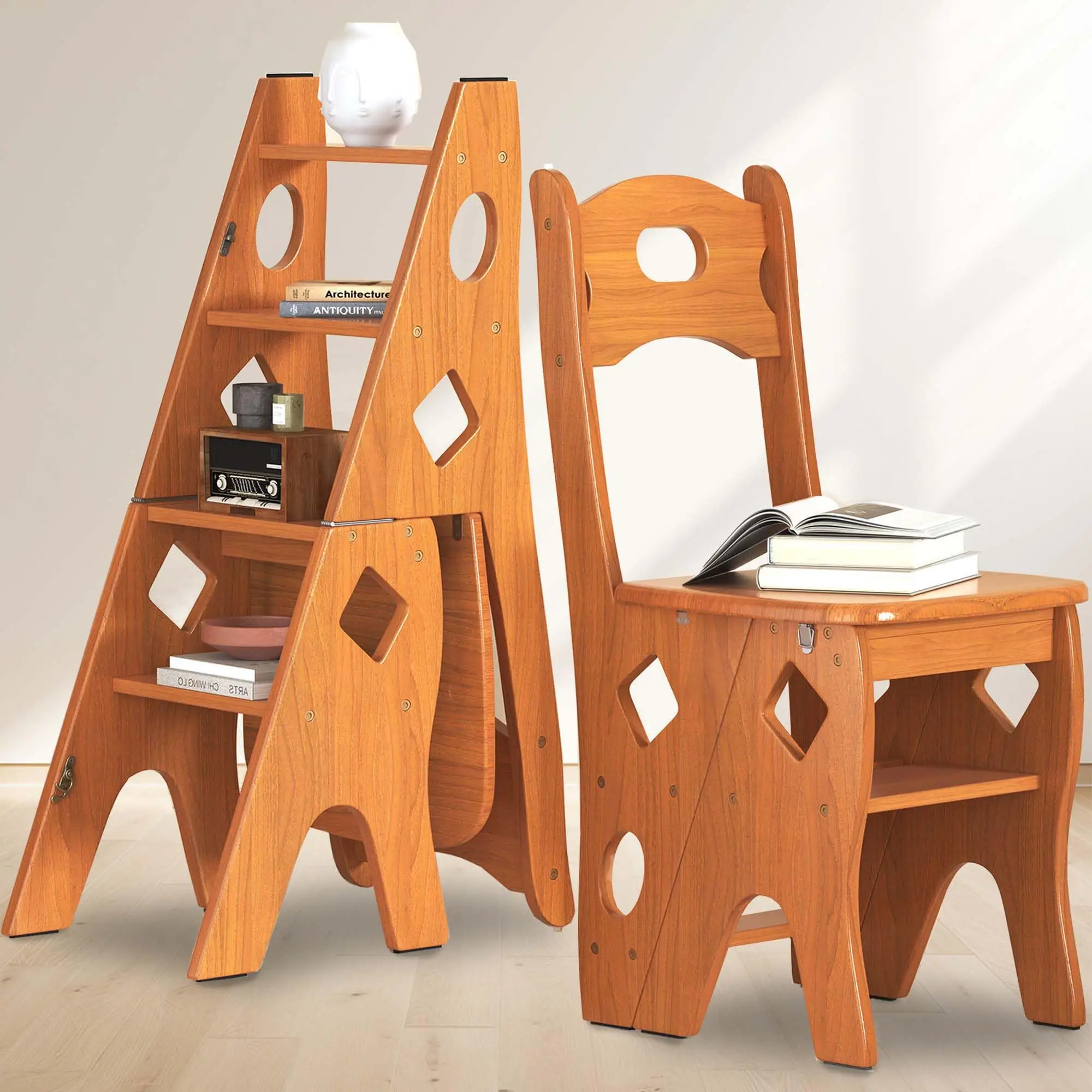 Portable Foldable Wooden Stair Chair Living Room Furniture with Library Ladder Display Rack for Bedroom Storage Decor