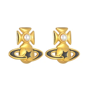 YUKAM New Women Stainless Steel Gold Plated Black Pink White Oil Drip Enamel Imitation Pearl Saturn Planet Stud Earrings Jewelry