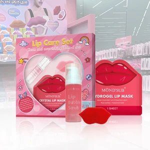 Korean Organic Vegan Pink Lip Kit Moisturizing Hydrogel Mask & Bubble Exfoliating Lip Scrub with Silicone Lip Brush