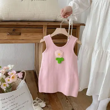 2025 Korean Style Spring and Autumn Children's Dresses Floral Patterned O-Neck Sweater Skirt Girls' Casual Pink Knitted Dress