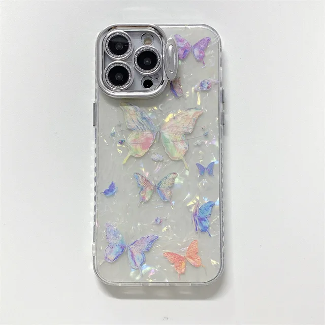 Shell Pattern Butterfly Lens Stand Diamond Protective Shockproof Mobile Phone Accessories Cover Case For iPhone 12 13 14 15 Pro