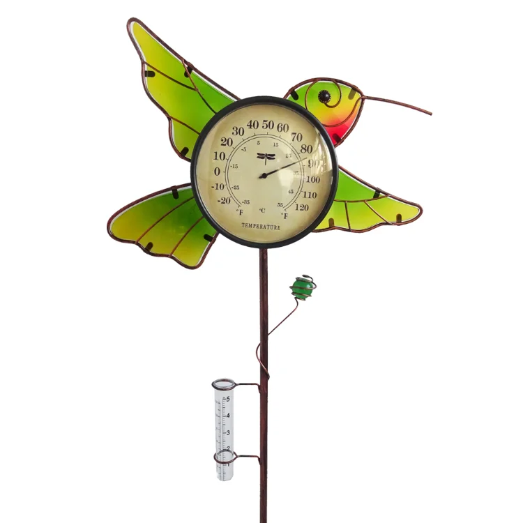 Outdoor Metal And Glass Stake Hummingbird   Thermometer Rain Gauge