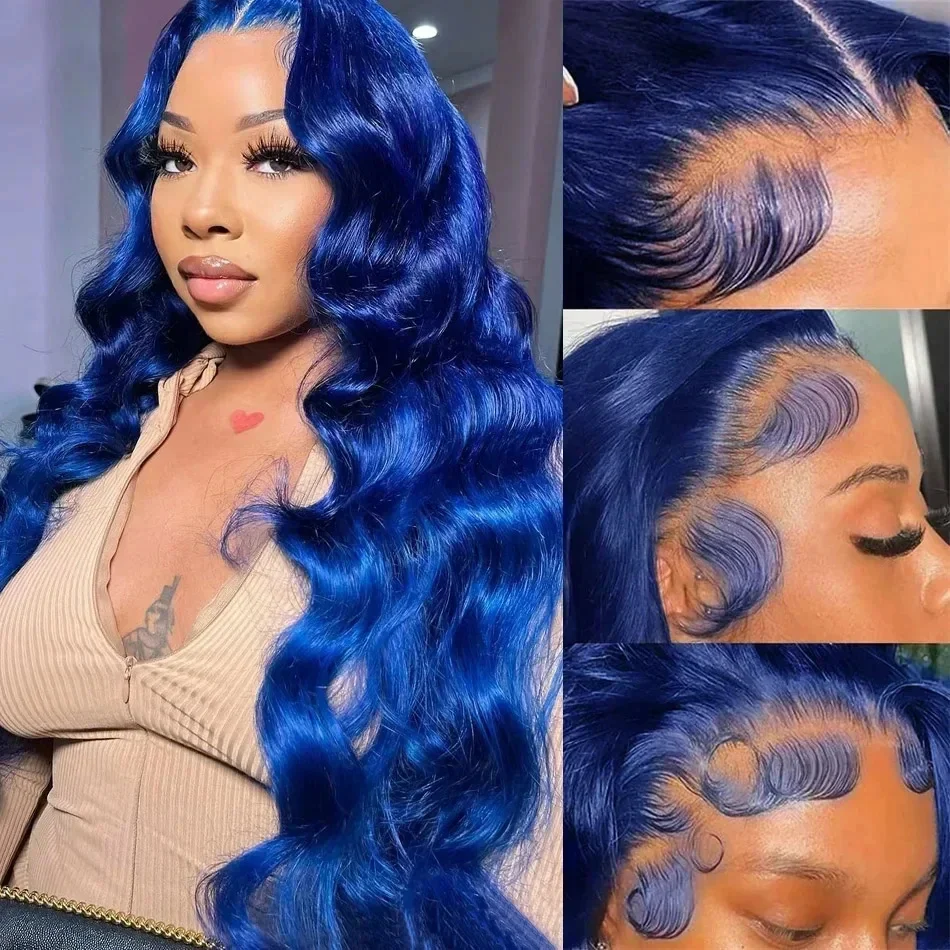 Blau gefärbte 13 x 4 transparente Lace Front Perücke Body Wave Echthaar Perücken für Frauen_voghion.com