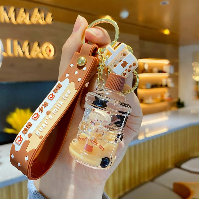 Cartoon Into Oild Pearl Milk Tea Bear Floating Liquid Boba Key Chains ...