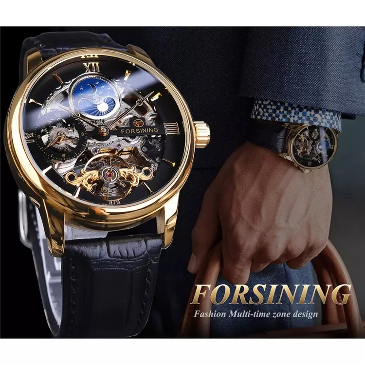 Forsining GMT1195 Dual Time Zone Mechanical Watch Black Gold Leather Band Moon Phase Tourbillon Waterproof Automatic Watch