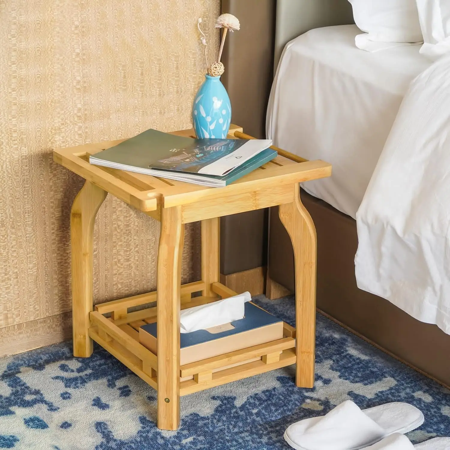 product custom waterproof bamboo shower bench shower foot stool corner shower stool with storage shelf bathroom accessories-4