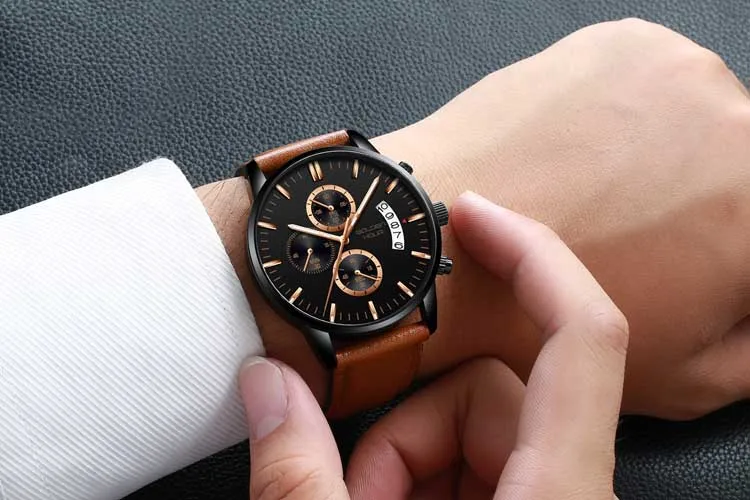 GOLDEN HOUR GH125-L fashion Brown unisex quartz watch vive PU leather band 3 dials calender Concise outdoor watch company