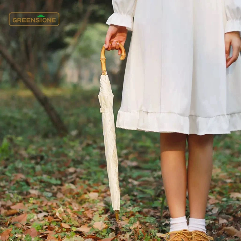 Manual Opening Vintage Style Old Fashion Japanese J Crook Shaped Bamboo Handle Straight Umbrella