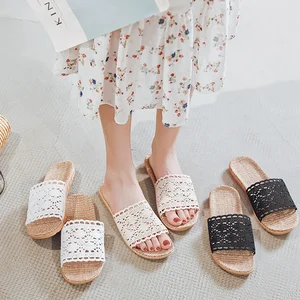 Women's Summer Home Linen Sole for Slippers Indoor Non-Slip Mute Lace for Slippers Fashion Trend