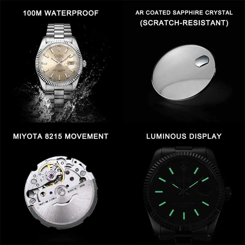 CADISEN Orologio Automatico Uomo In Vetro Zaffiro | Impermeabile 50m | Cassa E Cinturino In Acciaio Inossidabile
