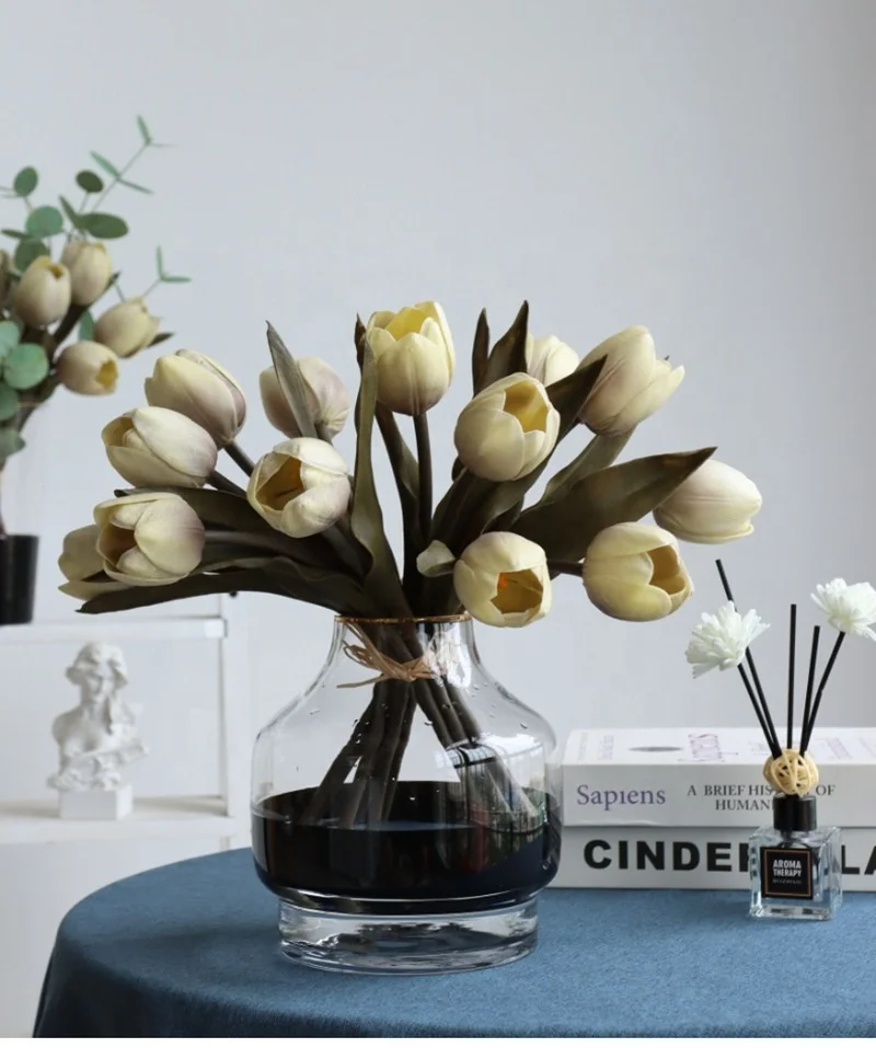 N-081人工黄色白チューリップ花フェイクチューリップ束7ヘッド本物の