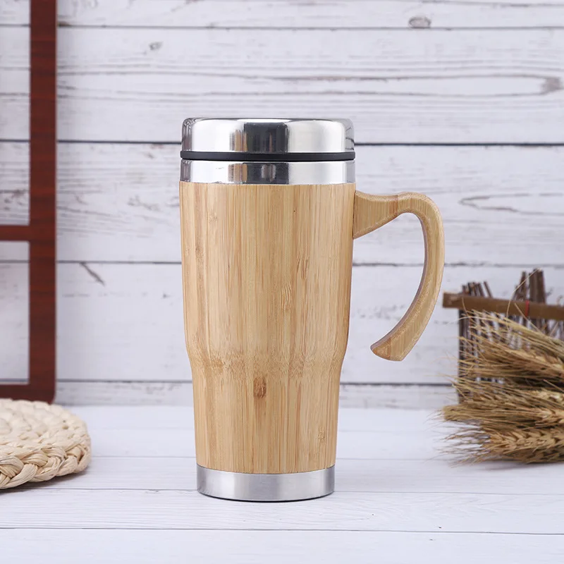 Bamboo Body 450 ml Double Wall Stainless Steel Coffee Mugs Thermos Flask Tumbler with Handle
