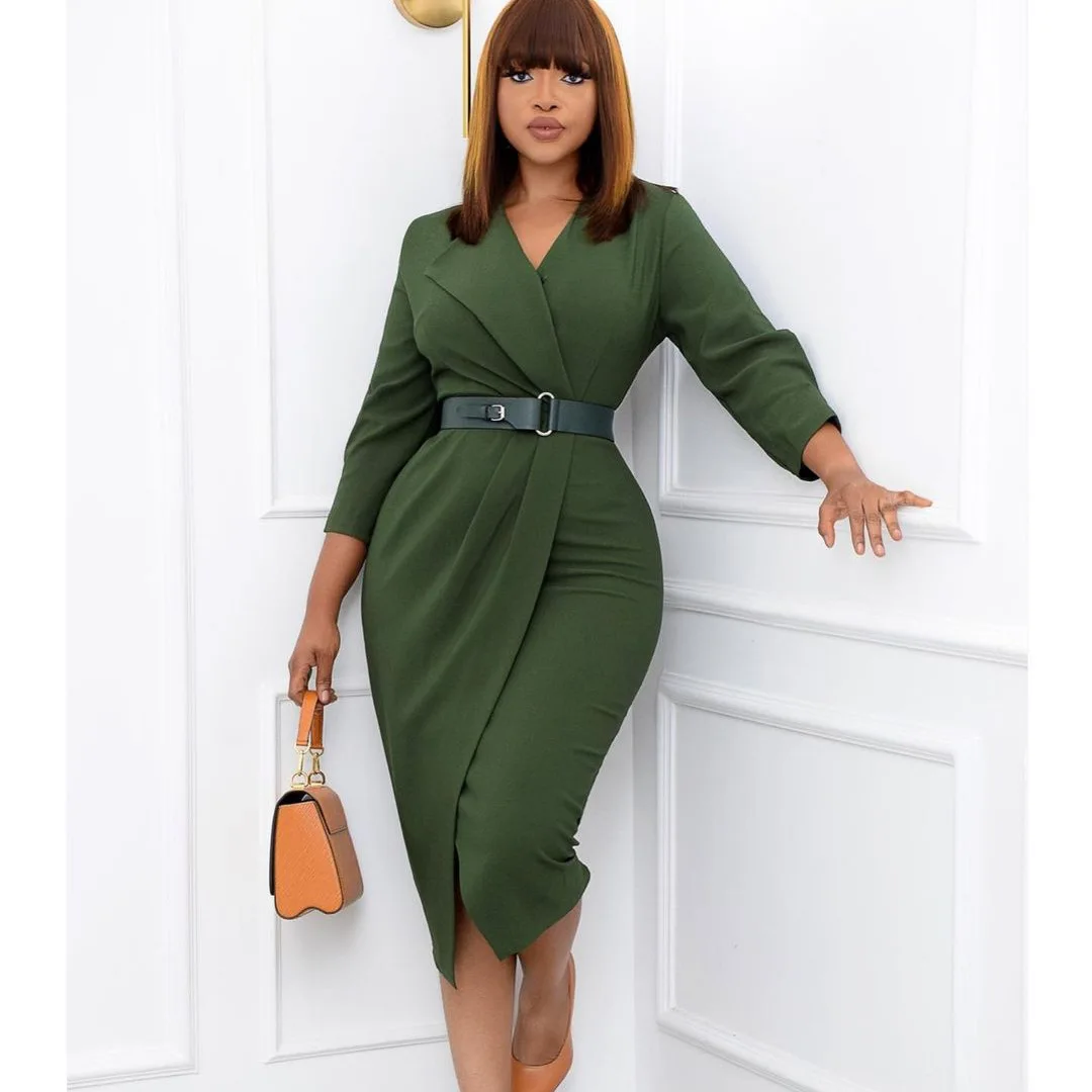 Free Shipping Fancy Designer V Neck Buckle Belt Solid Clothes Women Ladies Office Wear Dresses for Women